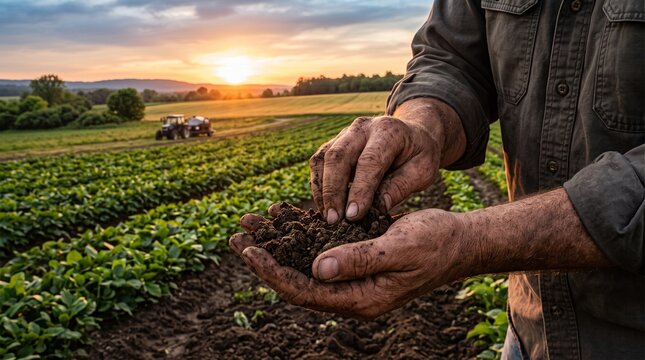 Farmers hands holding soil at sunset over a lush green field with tractor in background