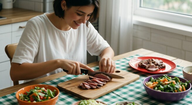 Young woman preparing healthy meals, slicing raw meat for meal prep on a checkered kitchen table.