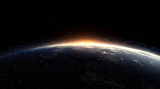 Earth covered by a digital network mesh represents global connectivity and worldwide data communication.
