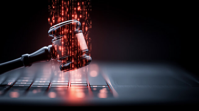 A judge gavel covered with binary data above a laptop represents cyber law and digital crime investigation.
