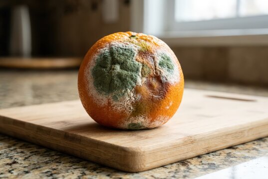 Moldy orange on wooden cutting board with green fungus decay closeup