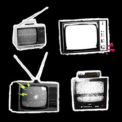 Grunge monochrome retro tv sticker pack on black background. Vintage television set collection with pop art neon lightning and starburst elements © ArtEternal