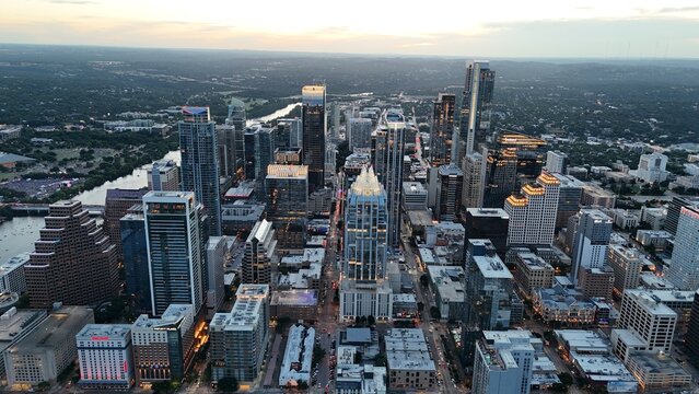 Downtown Austin facing west towards a cloud dispersed sunset