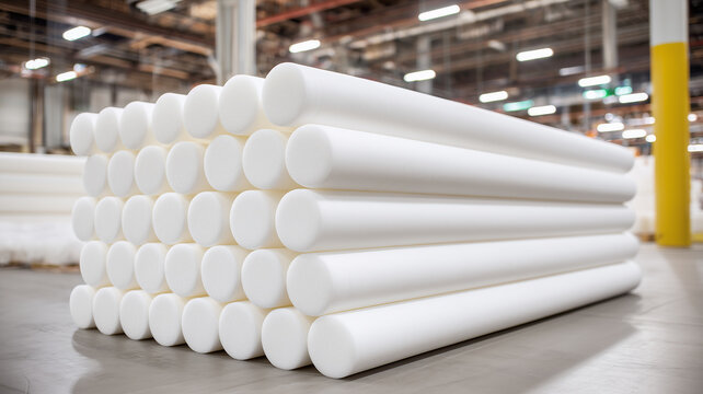 Stacks of foam rods inside an industrial facility representing polymer manufacturing, insulation materials and factory production.
