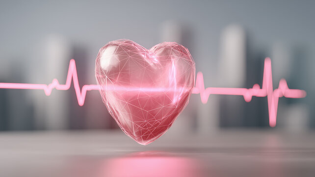 A digital heart surrounded by a heartbeat waveform representing cardiac monitoring and modern healthcare technology.
