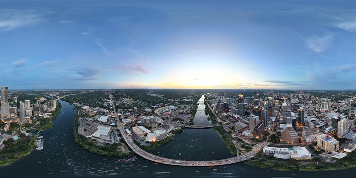 360 panorama overlooking downtown Austin's skyscrapers and bridges