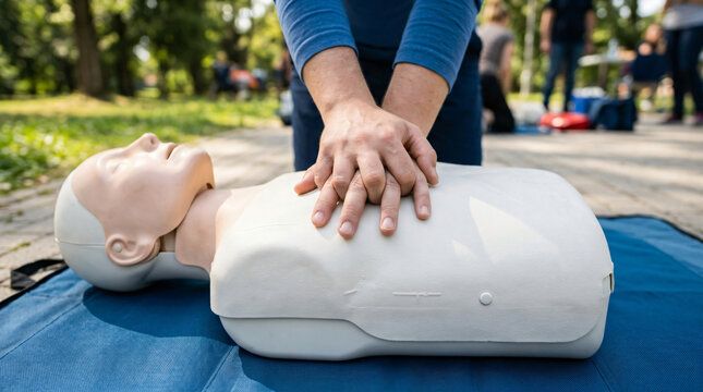 Professional stock photo of hands performing cpr chest compressions on a medical dummy. Close-up of first aid training class and life saving emergency education outdoors.