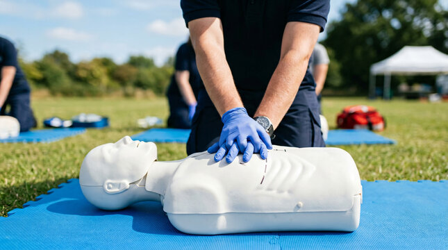 Professional stock photo of hands performing cpr chest compressions on a medical dummy. Close-up of first aid training class and life saving emergency education outdoors.