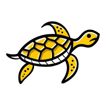 Swimming yellow sea turtle with geometric shell pattern isolated on a white background, for ocean reptile