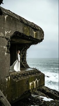 Woman in white wedding dress standing near rugged concrete structure by the sea, adventure wedding concept