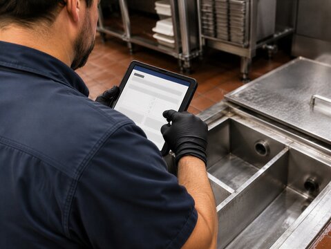 Technician Records Grease Trap Maintenance on Tablet