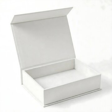 Open empty white rigid cardboard box with a hinged magnetic lid isolated on white background