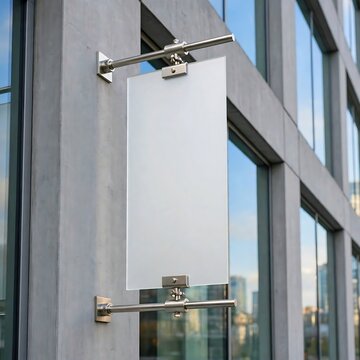 Empty vertical rectangular frosted glass sign secured by silver metal brackets mounted on the smooth grey concrete facade of a modern city glass building. 