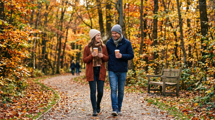 Fototapeta premium Happy Couple Walking with Hot Coffee Through Colorful Autumn Forest Park