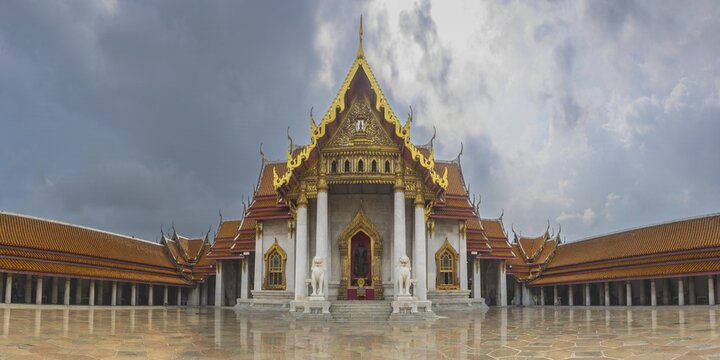 Abandoning thunderstorm over the marble temple, made of Carrara marble, Wat Benchamabopit, back of the Ubosot, Buddhist temple in the Dusit district, Bangkok, Central Thailand, Thailand