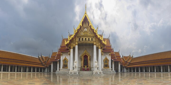 Abandoning thunderstorm over the marble temple, made of Carrara marble, Wat Benchamabopit, back of the Ubosot, Buddhist temple in the Dusit district, Bangkok, Central Thailand, Thailand