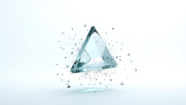 A sharp glass triangle shape shattering into small pieces with flying sharp fragments