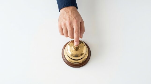 Male Hand Pressing Classic Brass Service Bell on White Background with Copy Space