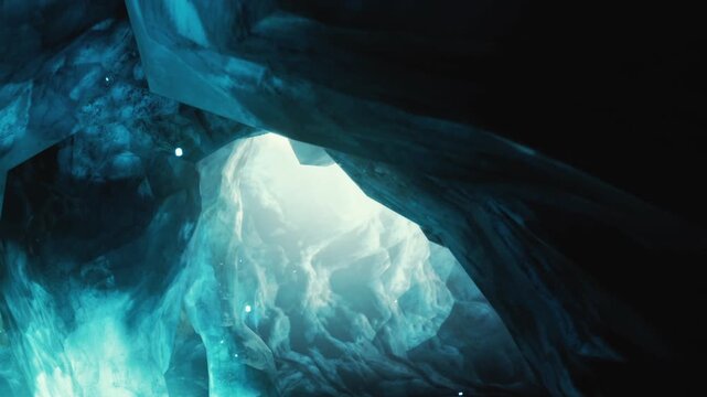 A person explores an ice cave with blue ice formations. The light penetrates the cave, creating a vibrant atmosphere. The location is cold and the ice shapes are various.