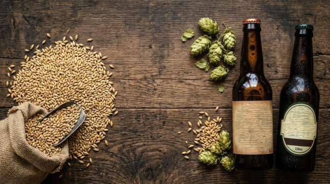 Craft Beer Brewing Ingredients with Barley Grain, Fresh Hops and Brown Bottles on Rustic Wooden Background