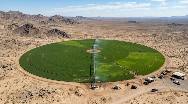 Aerial view of a green circular farm in the desert utilizing precision agriculture technology