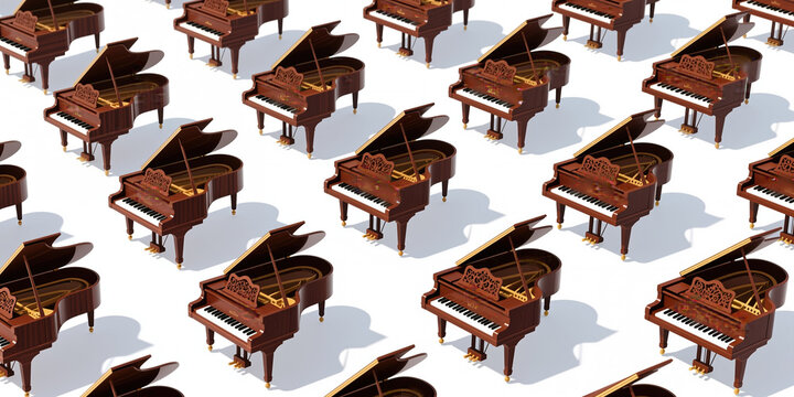 A repeating pattern of identical, brown grand pianos with open lids and gold accents on a white background.