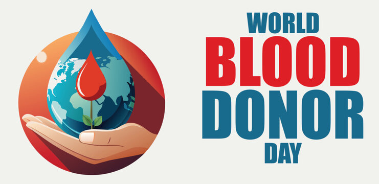 Hand holding a water drop with a red blood symbol illustrates the importance of World Blood Donor Day.
