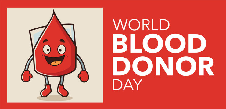 Blood drop character smiles happily to promote awareness for the annual global World Blood Donor Day.