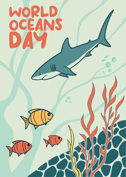 Shark swims through deep blue water alongside tropical fish near a colorful coral reef on World Oceans Day.