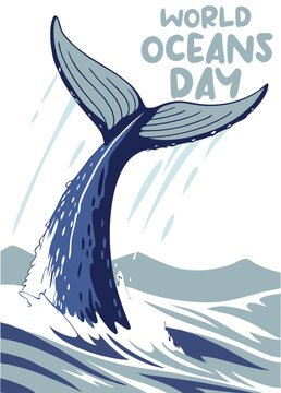 Whale tail emerges from turbulent ocean waves in a stylized graphic for World Oceans Day.