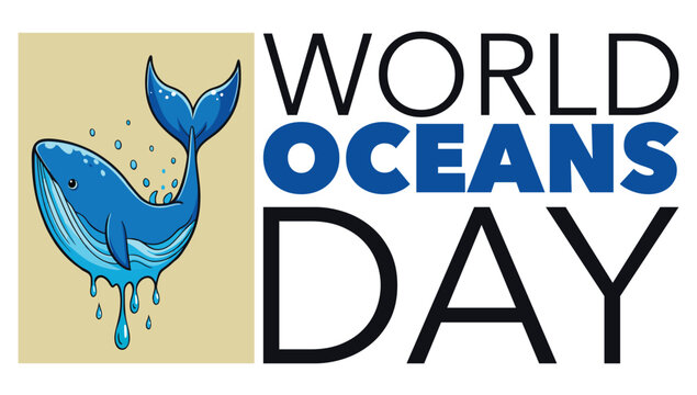 Whale illustration depicts a blue marine mammal diving into water to celebrate World Oceans Day.