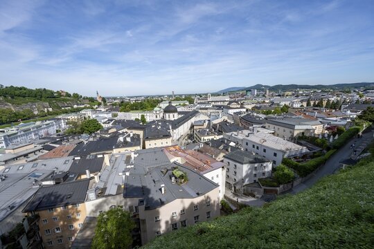 View of the city of Salzburg from Kapuzinerberg with Trinity Church and Mirabell Palace, Salzburg, Austria