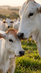 Fototapeta premium Close-up of a white Nelore cow and calf bonding in a green pasture during golden hour. Maternal affection in commercial livestock farming with a blurred zebu herd in the background.