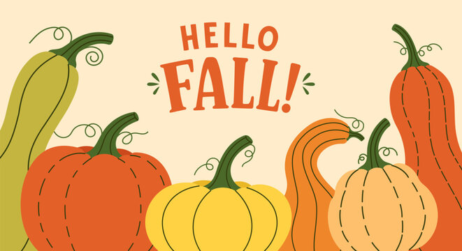 Hello fall banner background with autumn pumpkins vector illustration. Horizontal banner template for autumn season celebration,greeting cards, thanksgiving day and harvest festival decoration.