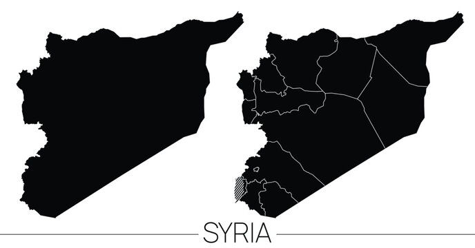 set of black silhouette maps of Syria with administrative and territorial divisions, vector illustration