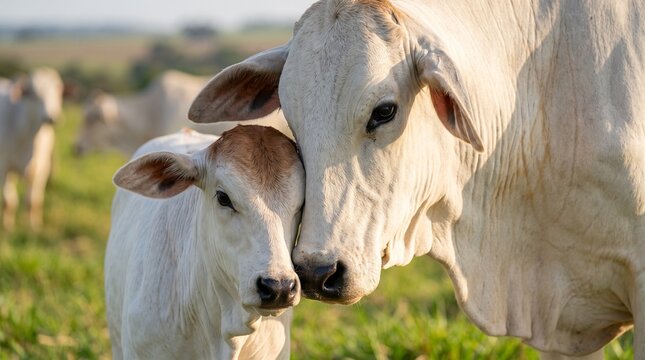Close-up of a white Nelore cow and calf bonding in a green pasture during golden hour. Maternal affection in commercial livestock farming with a blurred zebu herd in the background.