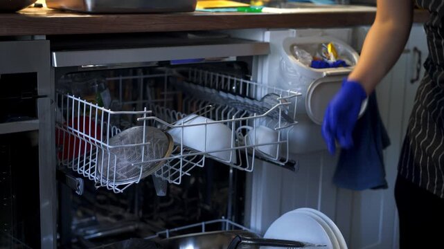 Person wearing gloves loading dishes and glasses into dishwasher machine at home