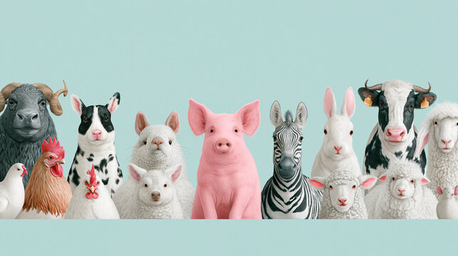 Colorful collection of cartoon-style farm animals in a playful arrangement.