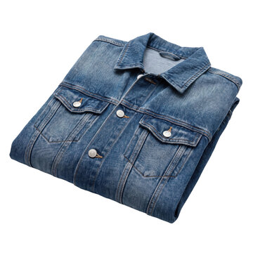 Classic blue denim jacket with metal buttons and chest pockets on transparent background