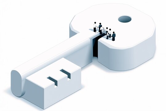 Isometric view of a giant key entering a keyhole with tiny figures, solution and access concept, 3D illustration