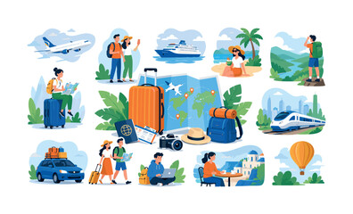 Fototapeta premium Diverse travel montage showcasing various modes of transportation and vacation activities