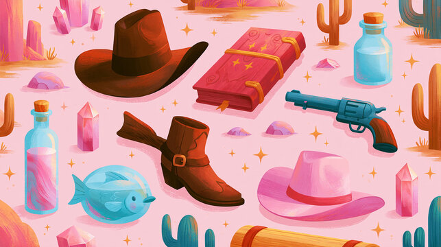 Colorful western-themed illustration featuring hats, books, and cacti.