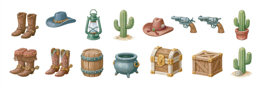 A collection of cowboy-themed elements including boots, hats, and cacti.