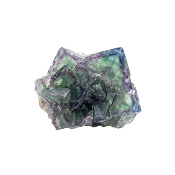 Beautiful fluorite crystal cluster with purple and green hues on transparent background