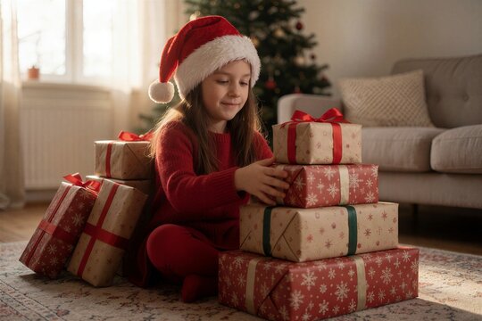 Young girl arranging a stack of wrapped Christmas gifts in a cozy living room setting with warm natural light.