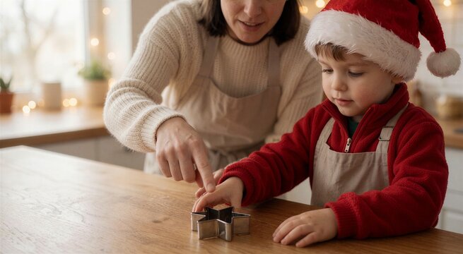 Baking Christmas cookies together as a mother helps her young son use a star-shaped cookie cutter on a warm wooden counter.