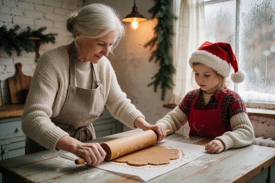 Grandmother and granddaughter baking gingerbread cookies together in a cozy kitchen setting, preparing holiday treats.