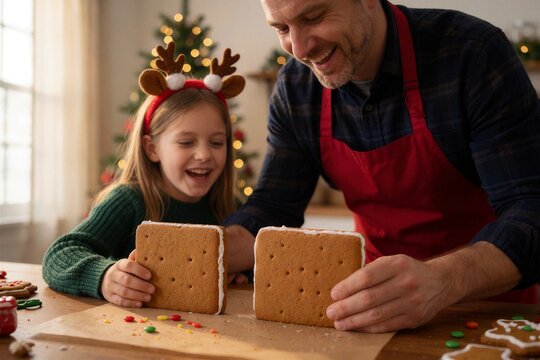 Father and daughter joyfully making a gingerbread house, assembling cookie walls with festive cheer in a warm home setting.