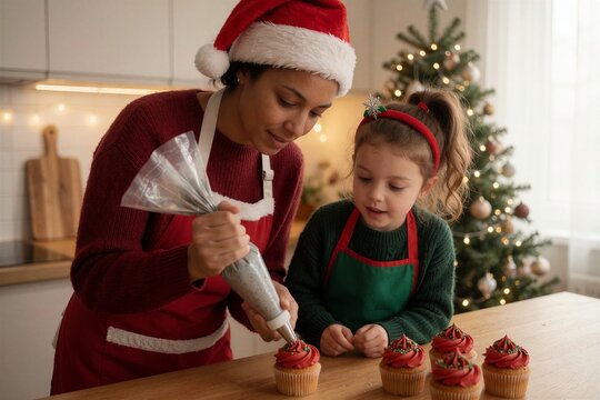 Mother and daughter decorating Christmas cupcakes in a cozy kitchen setting with a festive atmosphere.