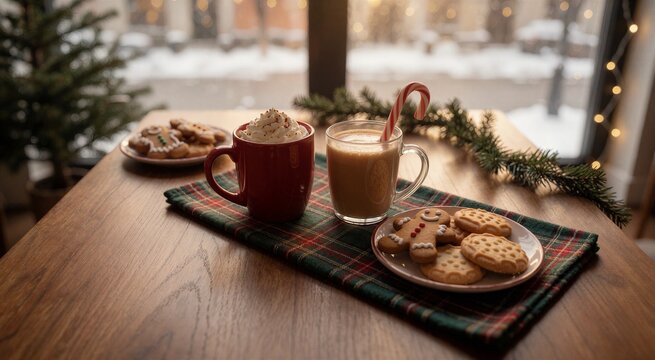 Cozy Christmas hot chocolate moment featuring a red mug with whipped cream and a glass mug with a candy cane, alongside gingerbread cookies on a wooden table.